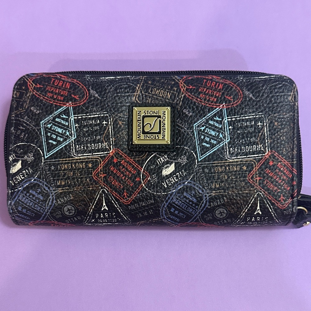 Stone Mountain Accessories Black Travel Stamp Zip Wallet with Multicolor Accents